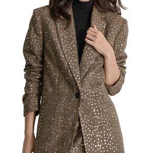 DKNY Brown Plaid All-Over Sequin One-Button Blazer Jacket Size L EUC
